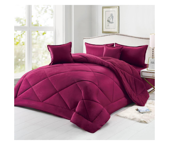 Set of 4 Piece King Size Single Bed Velvet Comforter Set - Red Wine - Zoom Image