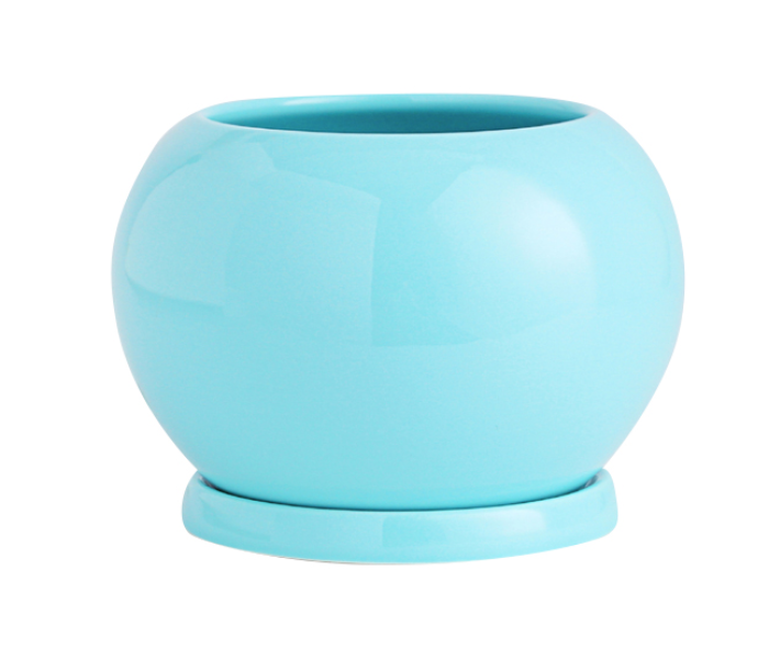 Shuer GF90029 Spherical Indoor Desktop Ceramic Flowerpot With Ceramic Tray - Sky Blue - Zoom Image