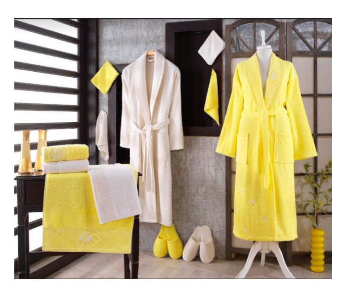 Long Style Winter Thickened Japanese Double Face Fabric Towel Bathrobe for Men and Women - White and Yellow - Zoom Image