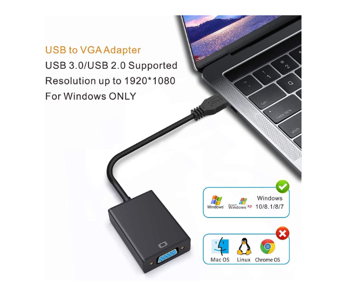 Trands TR-CA5833 USB 3.0 or 2.0 to VGA Adapter - Black - Zoom Image 2