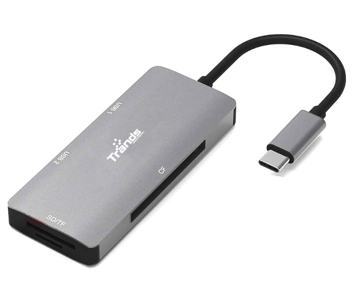 Trands TR-CR3539 Ultra Slim Type-C Hub Super Speed Multifunction USB-C Adapter with Dual USB 3.0 Ports SD TF CF Card Reade - Grey - Zoom Image 1