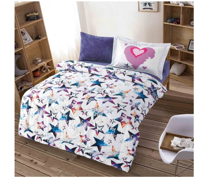 Set of 4 Piece Star Design New Printed Comforter Set for Single Bed - White and Blue - Zoom Image