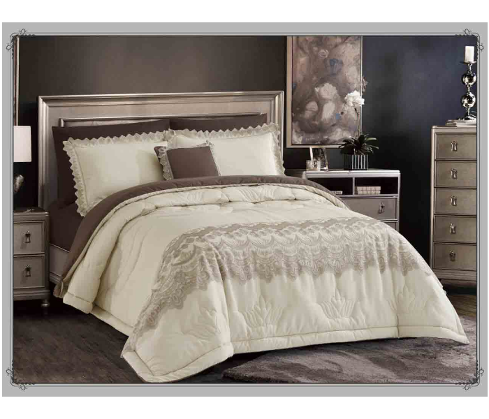 Set of 7 Piece King Size Comforter Set for Double Bed - White and Brown - Zoom Image