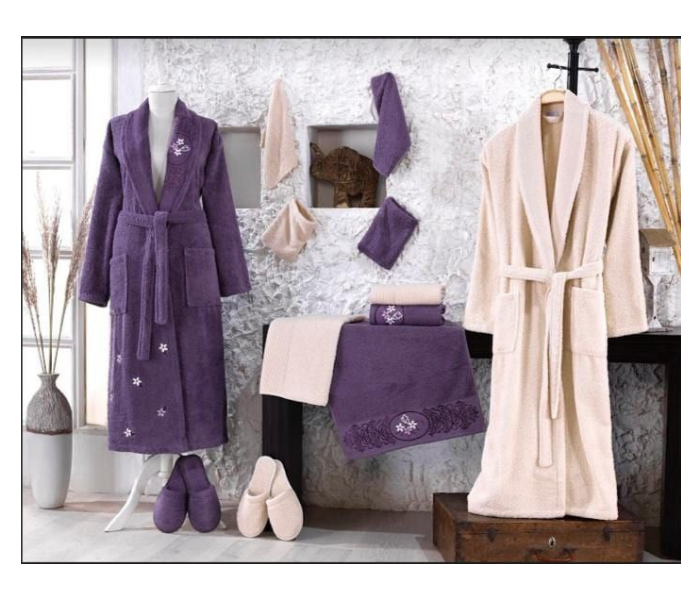 Long Style Winter Thickened Japanese Double Face Fabric Towel Bathrobe for Men and Women - White and Violet - Zoom Image