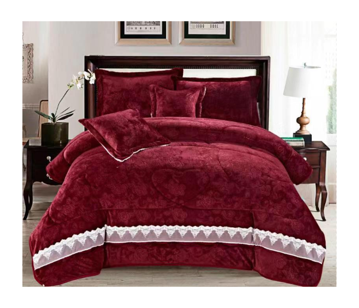 Set of 6 Piece King Size Velvet Comforter Set for Double Bed - Red - Zoom Image