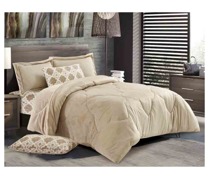 Classic Set of 6 Piece Velvet King Size Comforter Set for Double Bed - Beige - Zoom Image