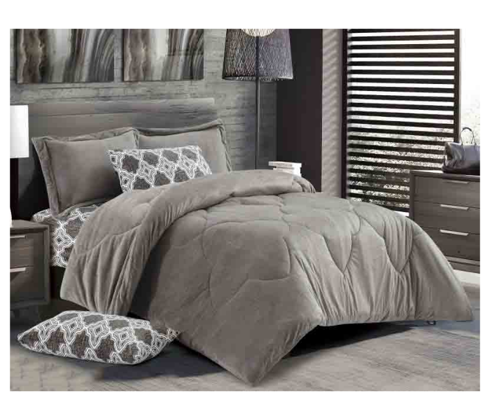 Classic Set of 6 Piece Velvet King Size Comforter Set for Double Bed - Grey - Zoom Image