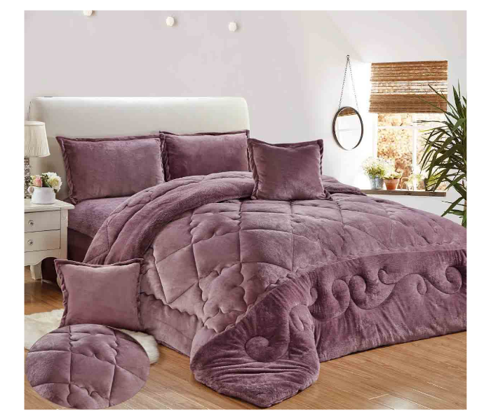 Set of 6 Piece King Size Double Bed Velvet Comforter Set - Pinky Purple - Zoom Image