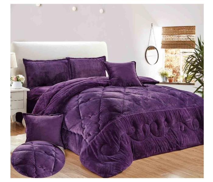 Set of 6 Piece King Size Double Bed Velvet Comforter Set - Purple - Zoom Image