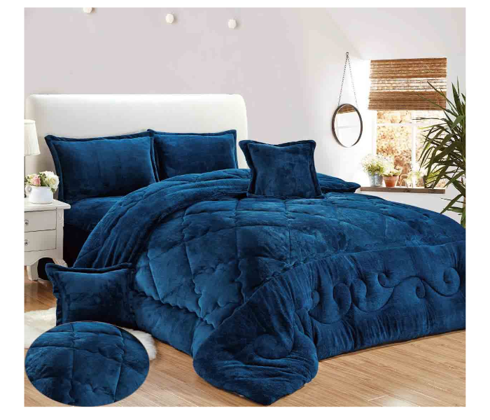 Set of 6 Piece King Size Double Bed Velvet Comforter Set - Blue - Zoom Image