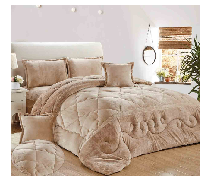 Set of 6 Piece King Size Double Bed Velvet Comforter Set - Beige - Zoom Image