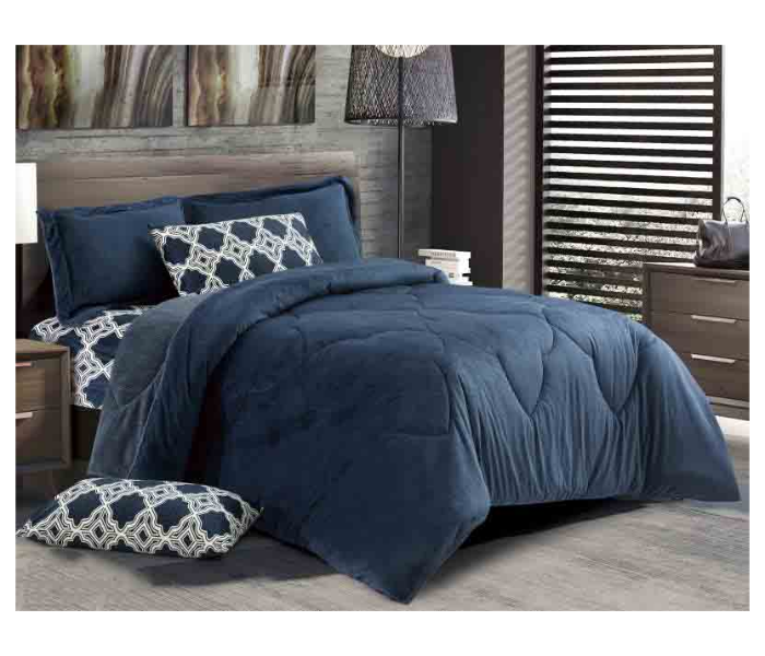 Classic Set of 6 Piece Velvet King Size Comforter Set for Double Bed - Blue - Zoom Image