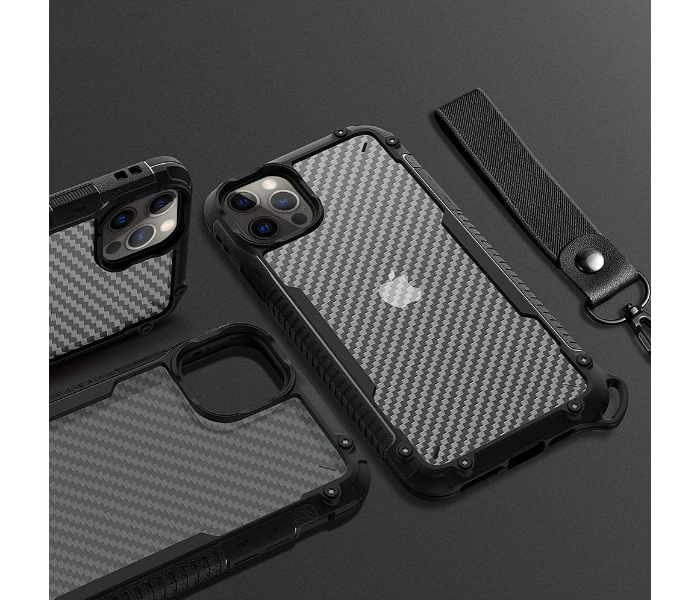 Morepro MP-1243 New Carbon Fiber Design Case for iPhone 12 with Hand Wrist Rope - Black - Zoom Image 2