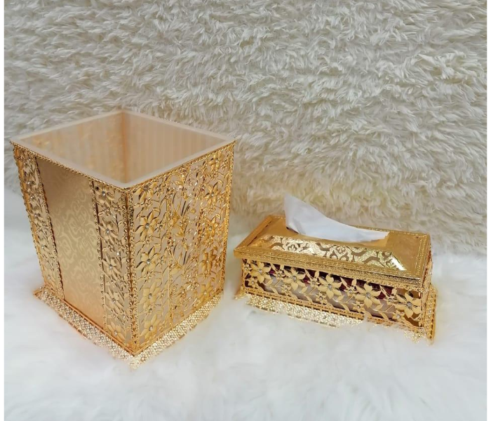 Set of 2 Piece Iron Dustbin and Tissue Box - Golden Style 4 - Zoom Image