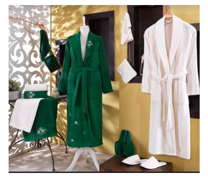 Long Style Winter Thickened Japanese Double Face Fabric Towel Bathrobe for Men and Women - White and Green - Zoom Image