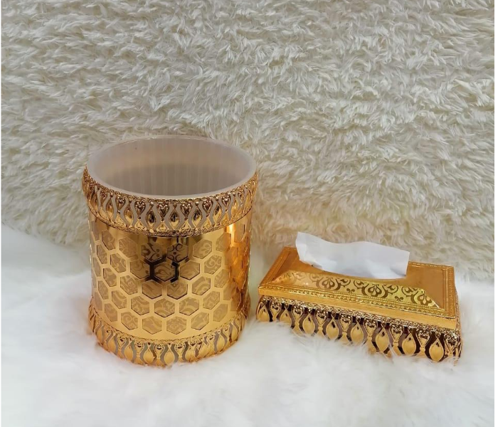 Set of 2 Piece Iron Dustbin and Tissue Box - Golden Style 2 - Zoom Image