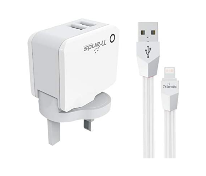 Trands TR-AD624 12W Dual USB Travel Charger with Detachable UK Plug and Lightning Cable - White - Zoom Image 1