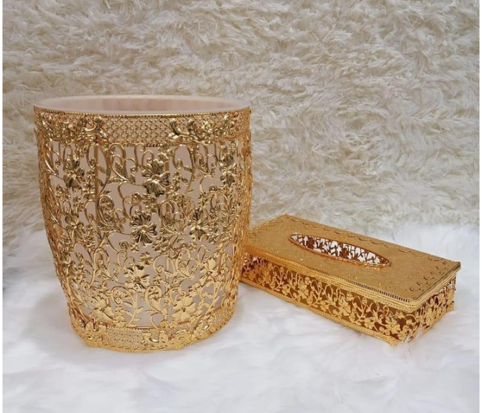 Set of 2 Piece Iron Dustbin and Tissue Box - Golden Style 3 - Zoom Image