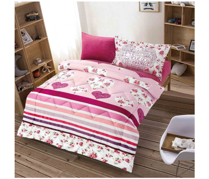 Set of 4 Piece Love Design New Printed Comforter Set for Single Bed - Pink - Zoom Image