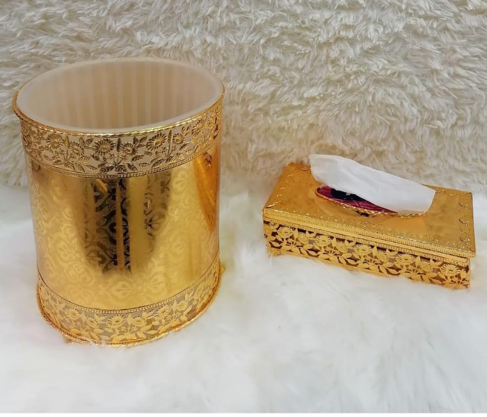 Set of 2 Piece Iron Dustbin and Tissue Box - Golden Style 1 - Zoom Image