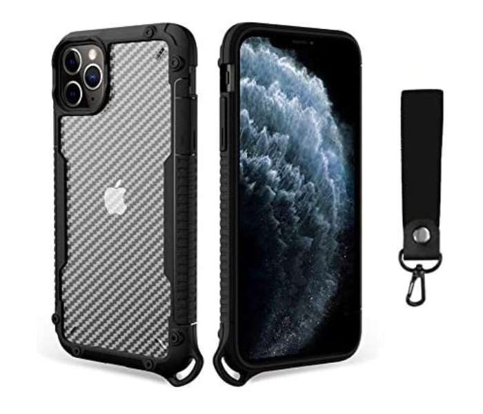 Morepro MP-1243 New Carbon Fiber Design Case for iPhone 12 with Hand Wrist Rope - Black - Zoom Image 1