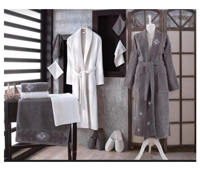 Long Style Winter Thickened Japanese Double Face Fabric Towel Bathrobe for Men and Women - White and Grey - Zoom Image