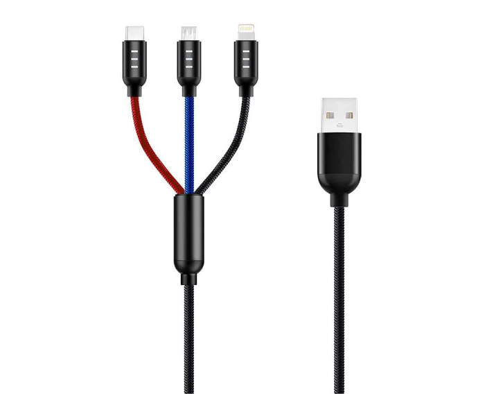 Trands TR-CA8816 1.2 Meter Universal 3 in 1 USB Charge and Sync Nylon Braided Cable - Black - Zoom Image 1