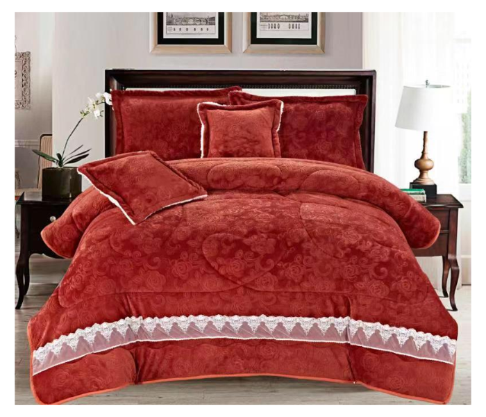 Set of 6 Piece King Size Velvet Comforter Set for Double Bed - Light Red - Zoom Image