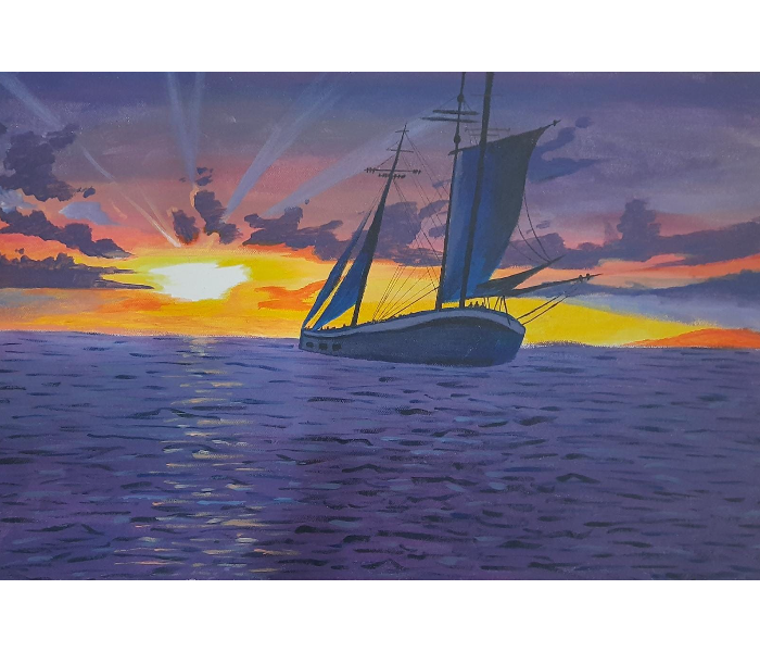 Canvas 001 40 x 60cm Acrylic Painting Sunset Seascape with Ship - Zoom Image