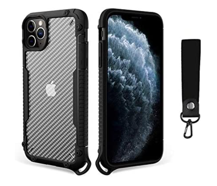 Morepro MP-1242 New Carbon Fiber Design Case for iPhone 12 Mini with Hand Wrist Rope - Black - Zoom Image 1