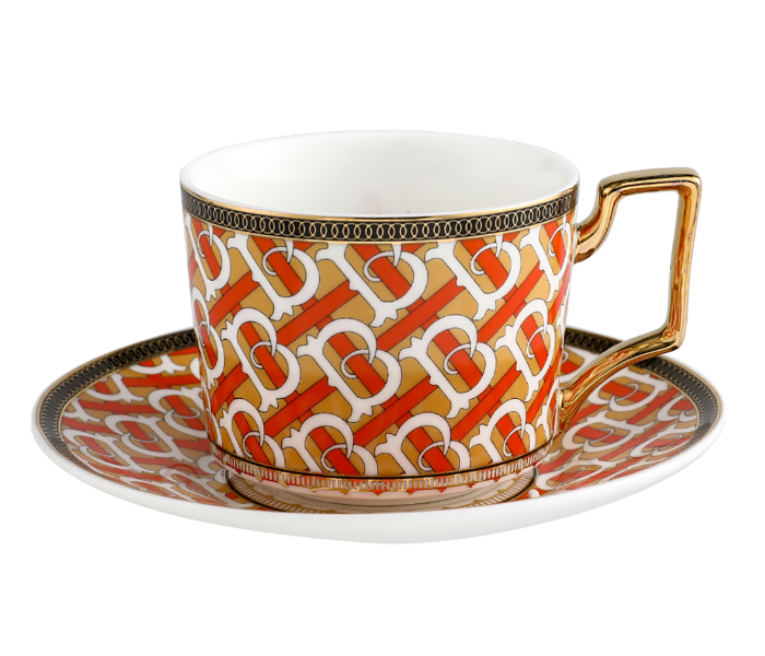 Shuer LJX40008 235ml B Baoli Ceramic Cup and Saucer - White and Orange - Zoom Image