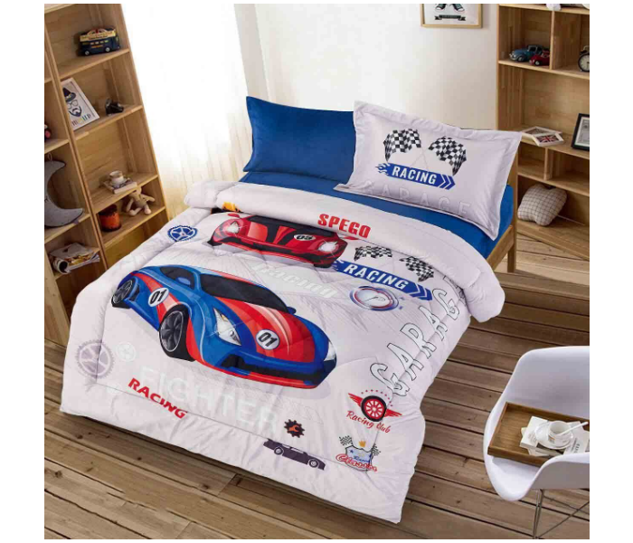 Set of 4 Piece Car Design New Printed Comforter Set for Single Bed - White and Blue - Zoom Image