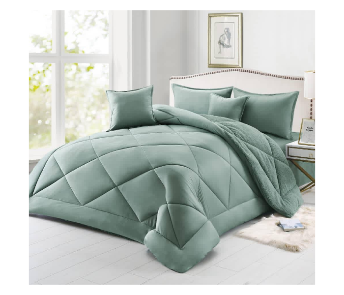 Set of 6 Piece King Size Double Bed Velvet Comforter Set - Green - Zoom Image