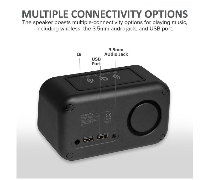 Promate Timebase-3 Multi-Function Stereo Wireless Speaker and Charging Station - Black - Zoom Image 3