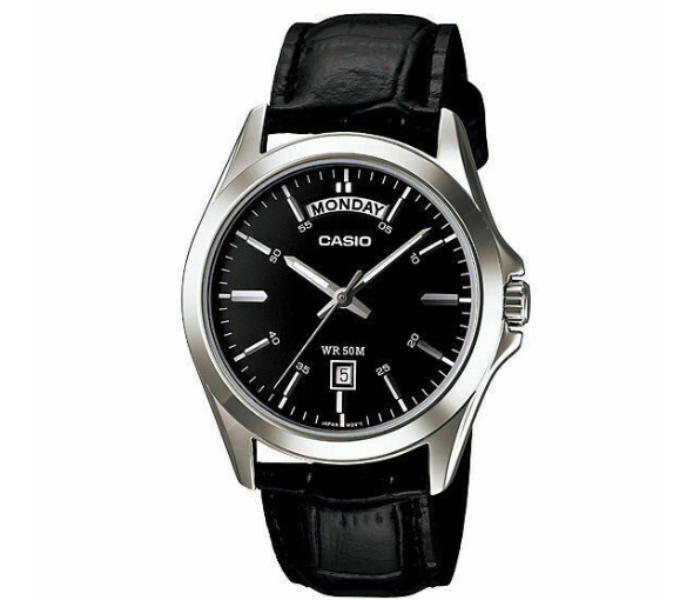 Casio MTP1370L-1A Mens Classic Stainless Steel Leather Wristwatch - Black - Zoom Image 1