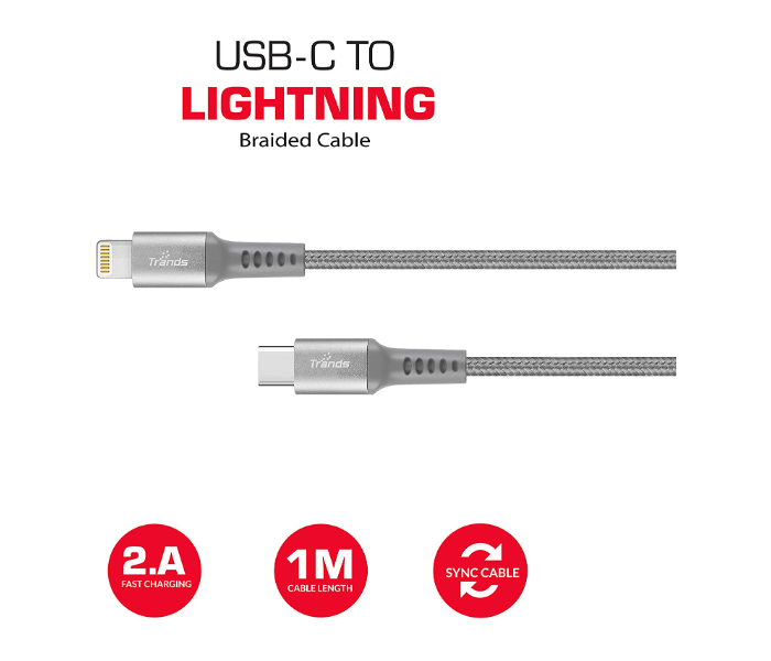 Trands TR-CA591 USB Type-C to Lightning Braided Cable - Grey - Zoom Image 2