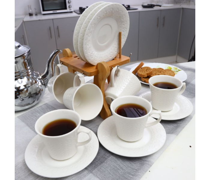 Royalford RF9242 12Pc Porcelain Cup and Saucer With Bambo Stand- White and Brown - Zoom Image 2