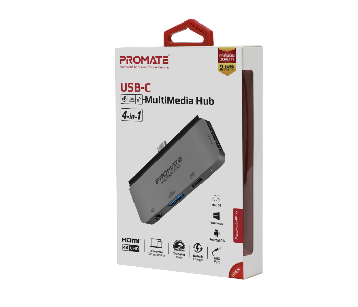 Promate PADHUB-PRO 4 in 1 Multi-Media USB-C Hub with 100W Power Delivery Port - Grey - Zoom Image 4