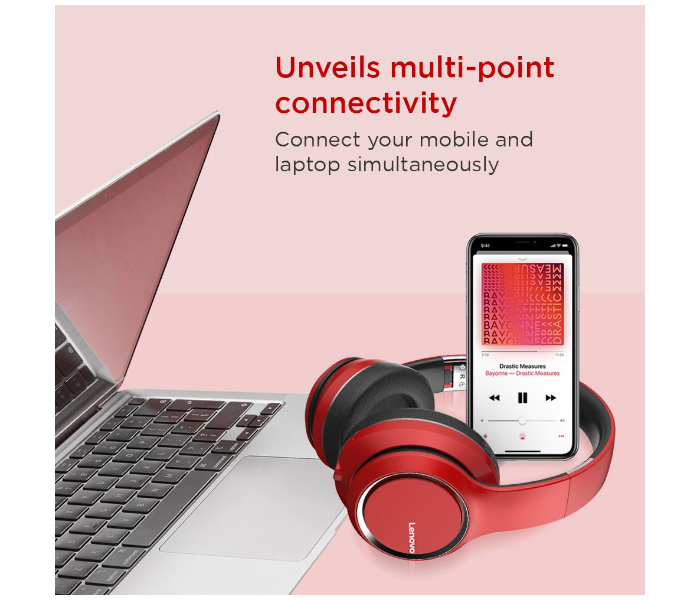 Lenovo HD200  Wireless Bluetooth 5.0 Foldable Noise-cancelling Stereo Over Ear Headphone with 3.5mm Aux Cable for Mobile phones, Tablets, Laptops and PCs - Red - Zoom Image 4