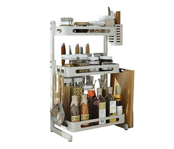 Three Tier Metal Countertop Kitchen Spice Rack with 3 Hooks - White - Zoom Image 1