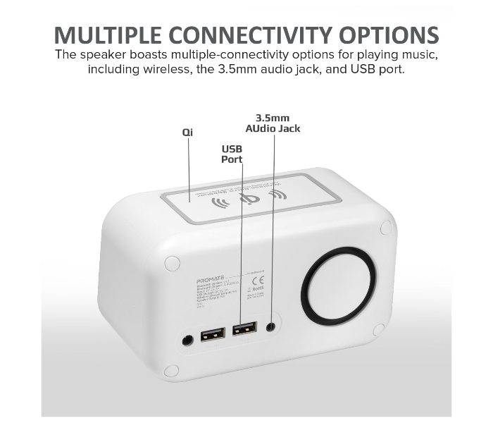 Promate TIMEBASE-3 5W Qi Wireless Charger Speaker - White - Zoom Image 5