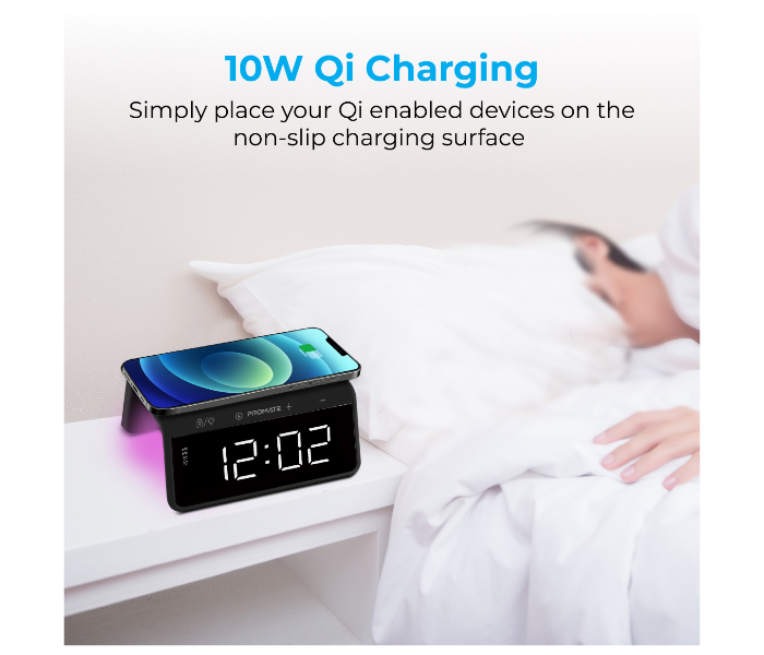 Promate TIMEBRIDGE-QI Digital Alarm Clock with 10W Wireless Charging - Black - Zoom Image 3