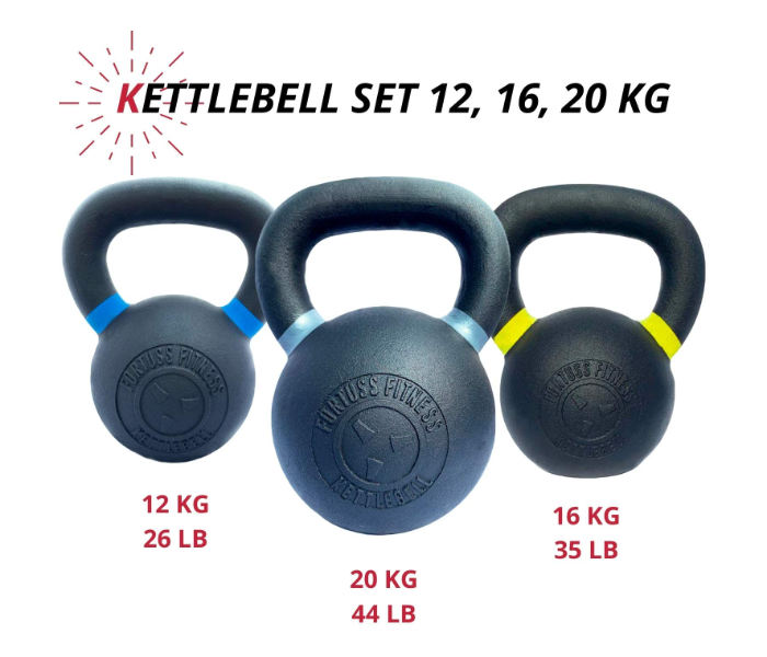 Fortuss Cast Iron Kettlebell Set 3 pcs 12, 16, 20 KG Home Gym Workout Equipment - Zoom Image 1