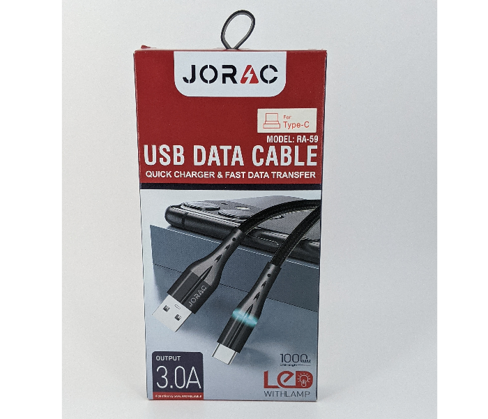 Jorac RA-59 3A Type-C Nylone Cable With LED Lighting - Black - Zoom Image 1