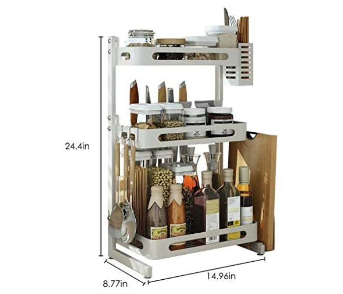 Three Tier Metal Countertop Kitchen Spice Rack with 3 Hooks - White - Zoom Image 4