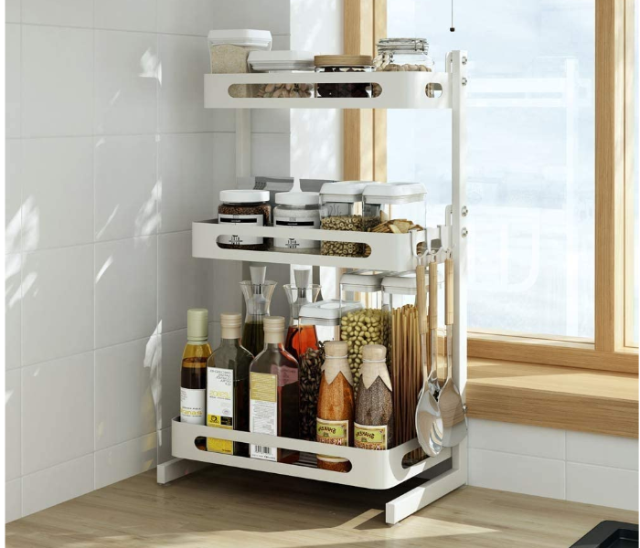 Three Tier Metal Countertop Kitchen Spice Rack with 3 Hooks - White - Zoom Image 2