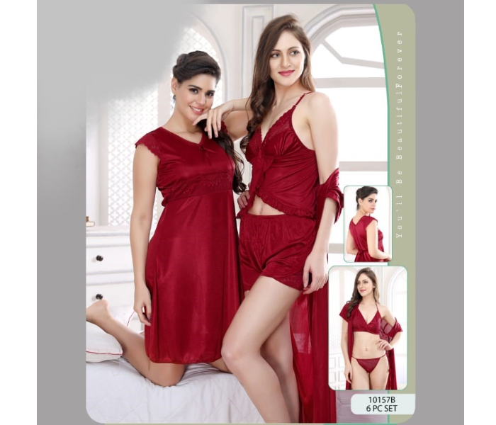 Faaiza Six Piece Free Size Silky Satin Nightwears for Women - Maroon - Zoom Image