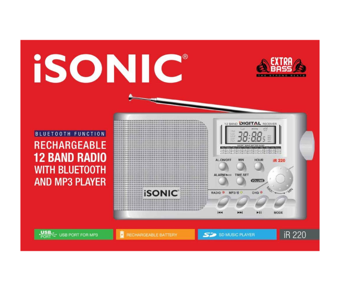 iSonic IR 220 Rechargeable Radio with Bluetooth Mp3 Player - Silver - Zoom Image