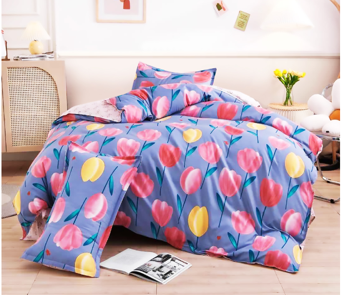 JA158-21 Cotton Double Size Bedsheet with Quilt Cover and Pillow Case 4 Pcs- Blue - Zoom Image