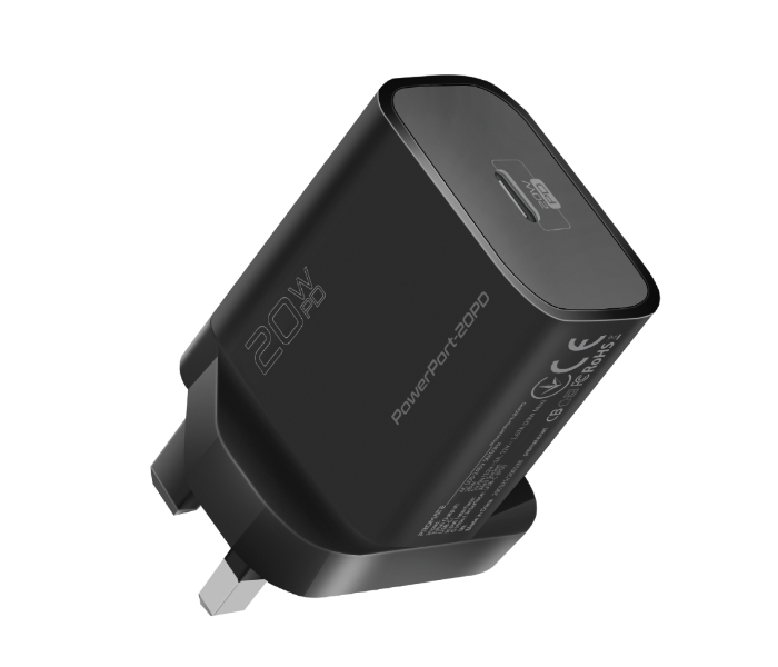 Promate POWERPORT-20PD USB-C Wall Charger with 20W Type-C Power Delivery - Black - Zoom Image 1